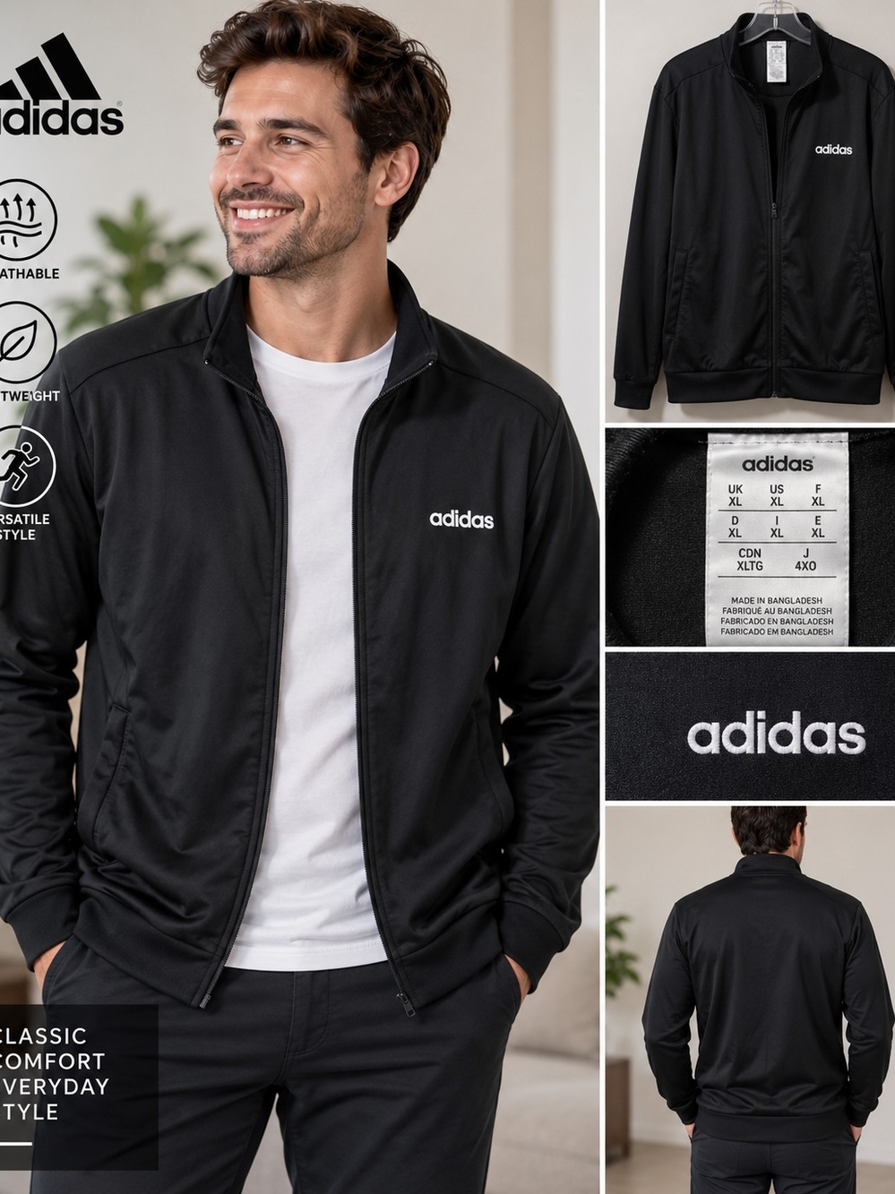 adidas Black Lightweight Bomber-Style Track Jacket